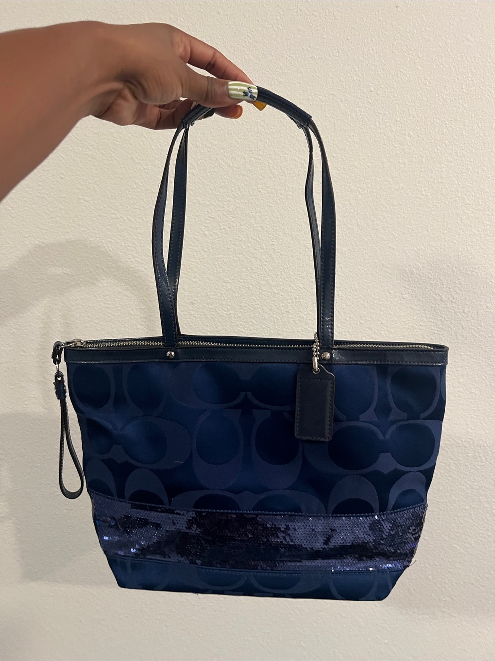 Coach Navy Signature Tote with Sequin Band